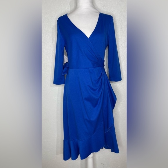 NWT Whimsy Wrap Dress Cobalt Blue Ruffle Hem Flowy 3/4 Sleeves Size Small - Picture 4 of 11